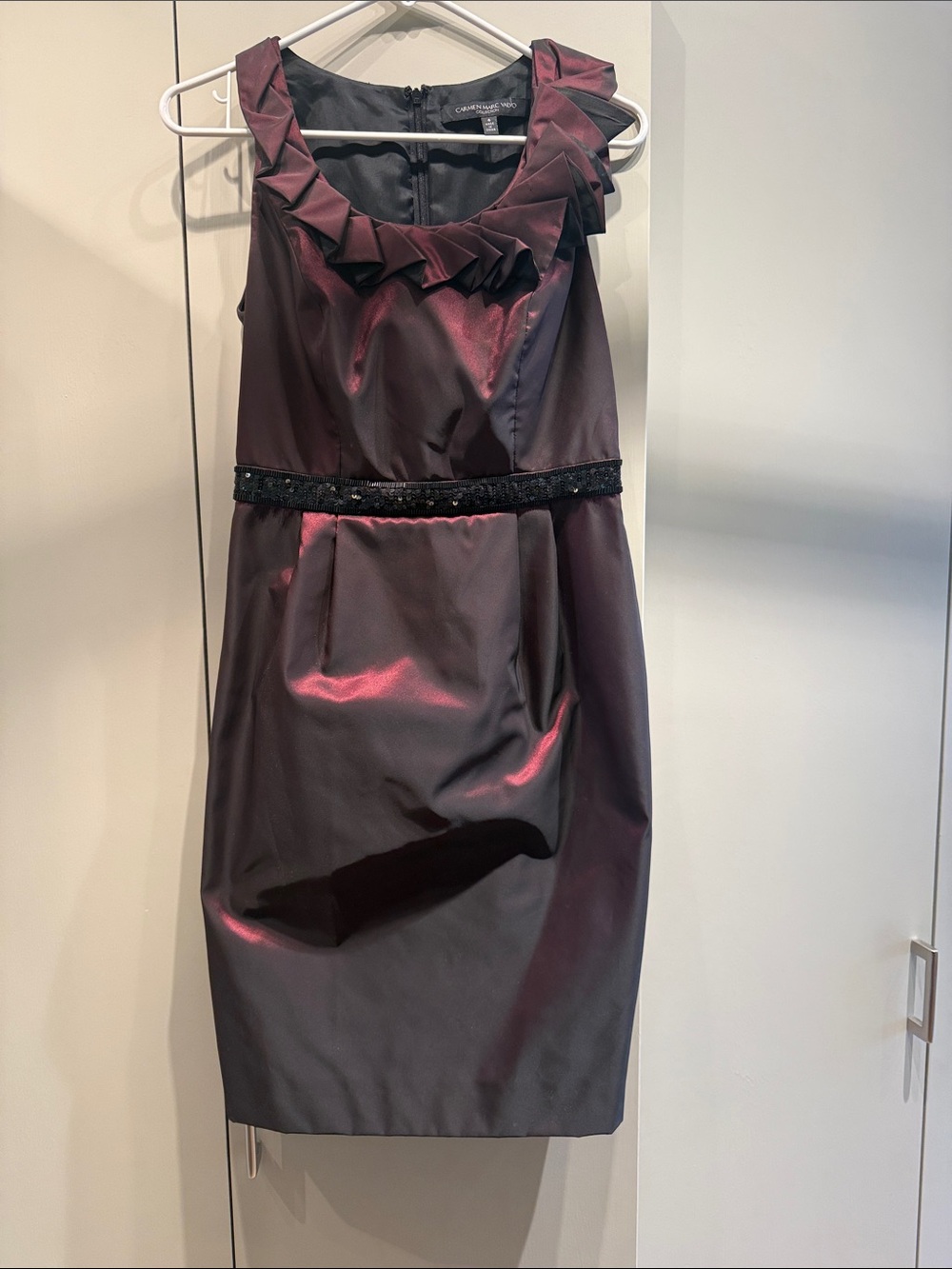 Carmen Marc Valvo Dark Plum Sleeveless Cocktail Dress with Ruffle Neckline size